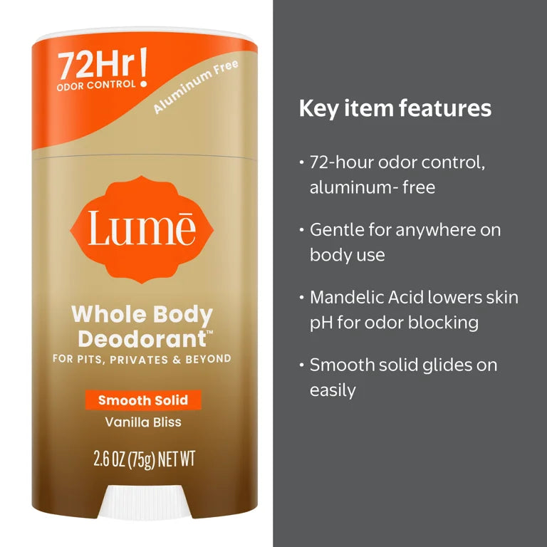 Lume Whole Body Aluminum Free Deodorant Stick, Vanilla Bliss, 2.6 oz