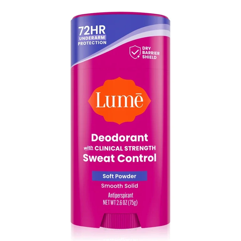 Lume Deodorant Plus Sweat Control Solid Antiperspirant Deodorant Stick, Soft Powder, 2.6 oz