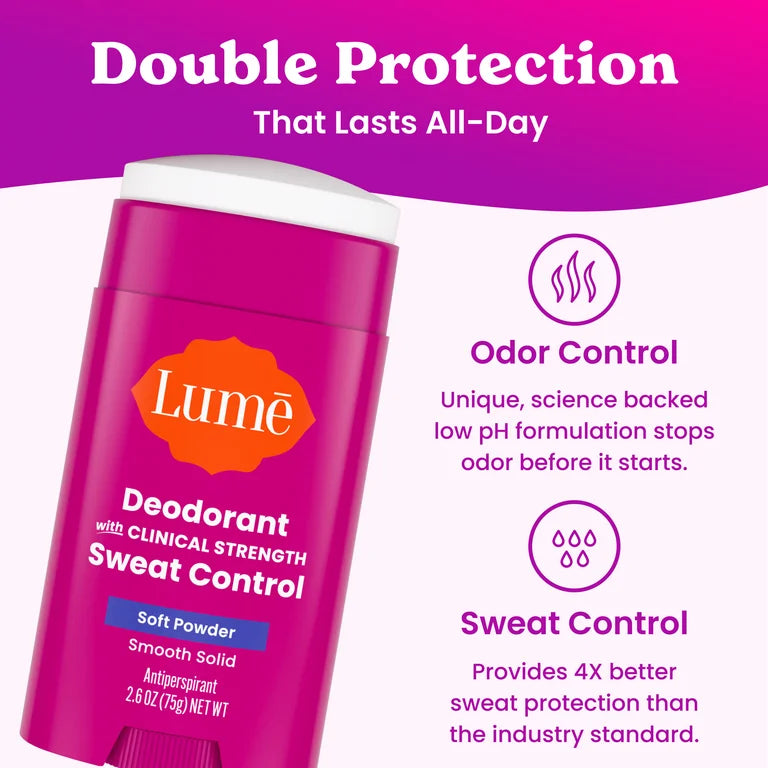 Lume Deodorant Plus Sweat Control Solid Antiperspirant Deodorant Stick, Soft Powder, 2.6 oz