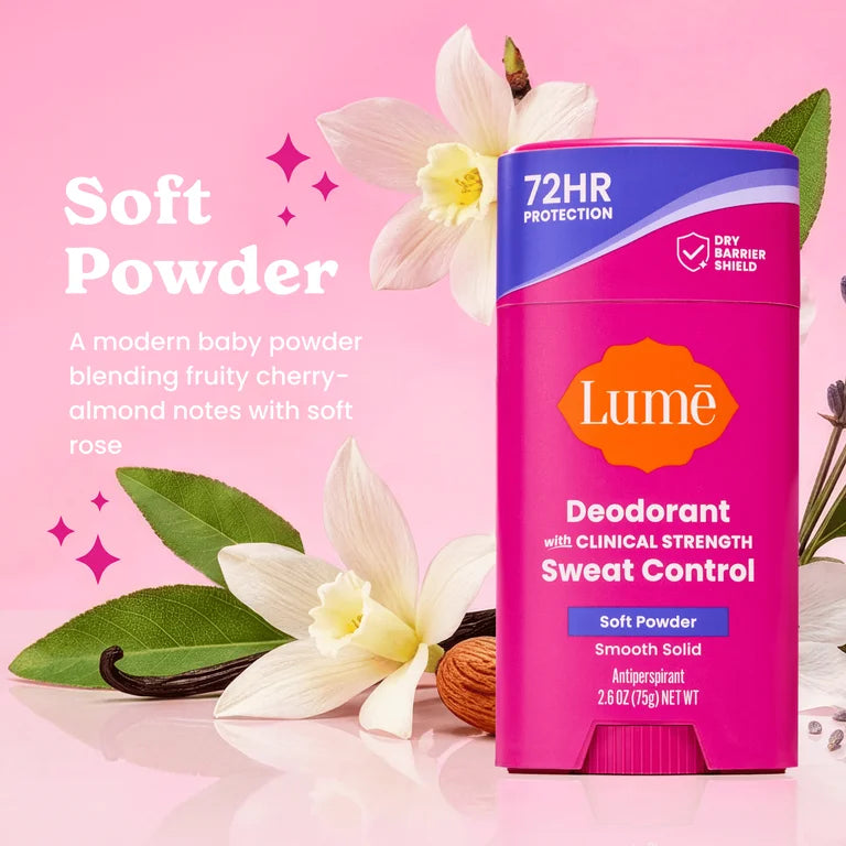 Lume Deodorant Plus Sweat Control Solid Antiperspirant Deodorant Stick, Soft Powder, 2.6 oz
