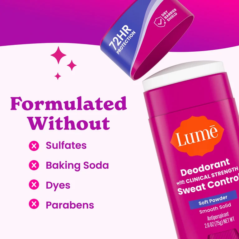 Lume Deodorant Plus Sweat Control Solid Antiperspirant Deodorant Stick, Soft Powder, 2.6 oz