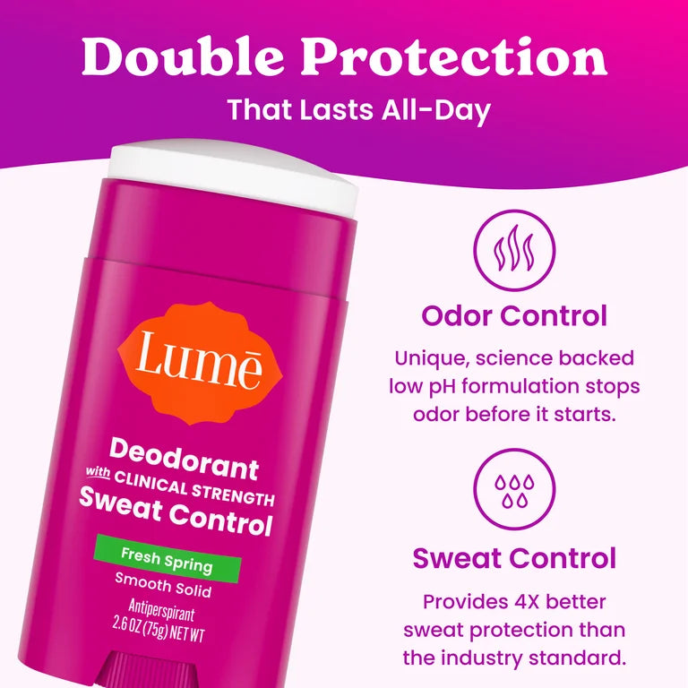 Lume Deodorant Plus Sweat Control Solid Antiperspirant Deodorant Stick, Fresh Spring, 2.6 oz