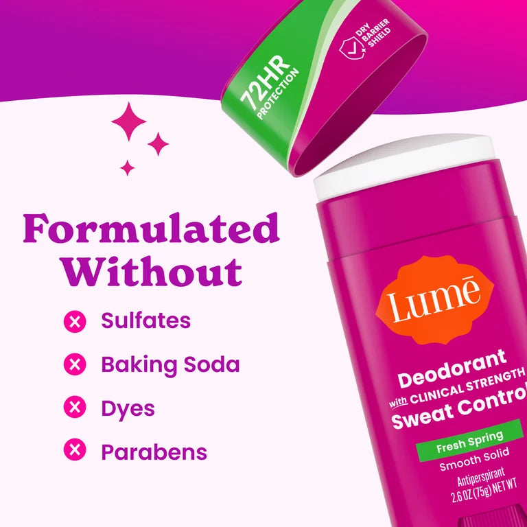 Lume Deodorant Plus Sweat Control Solid Antiperspirant Deodorant Stick, Fresh Spring, 2.6 oz