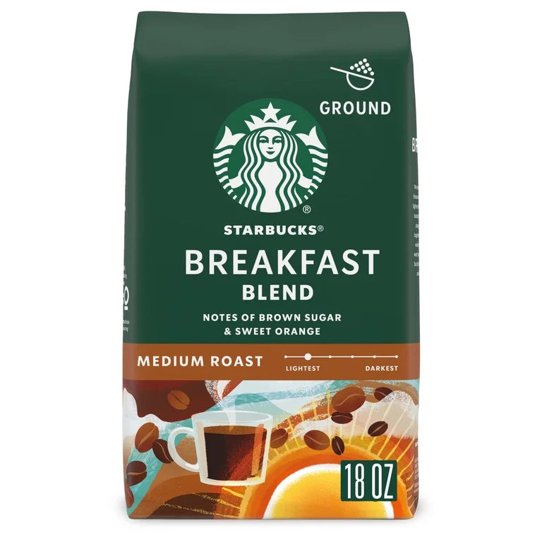 Starbucks Breakfast Blend, Ground Coffee, Medium Roast Hot or Iced Coffee, 18 oz