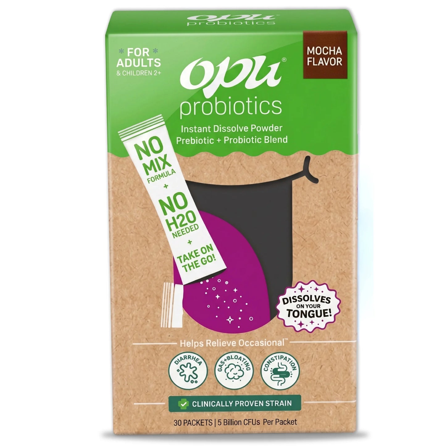 Opu Probiotics Mocha Flavor Daily Probiotic Powder, Pour-On-Tongue Stick Packs, 30 Count
