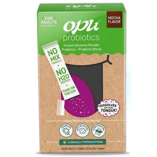 Opu Probiotics Mocha Flavor Daily Probiotic Powder, Pour-On-Tongue Stick Packs, 30 Count