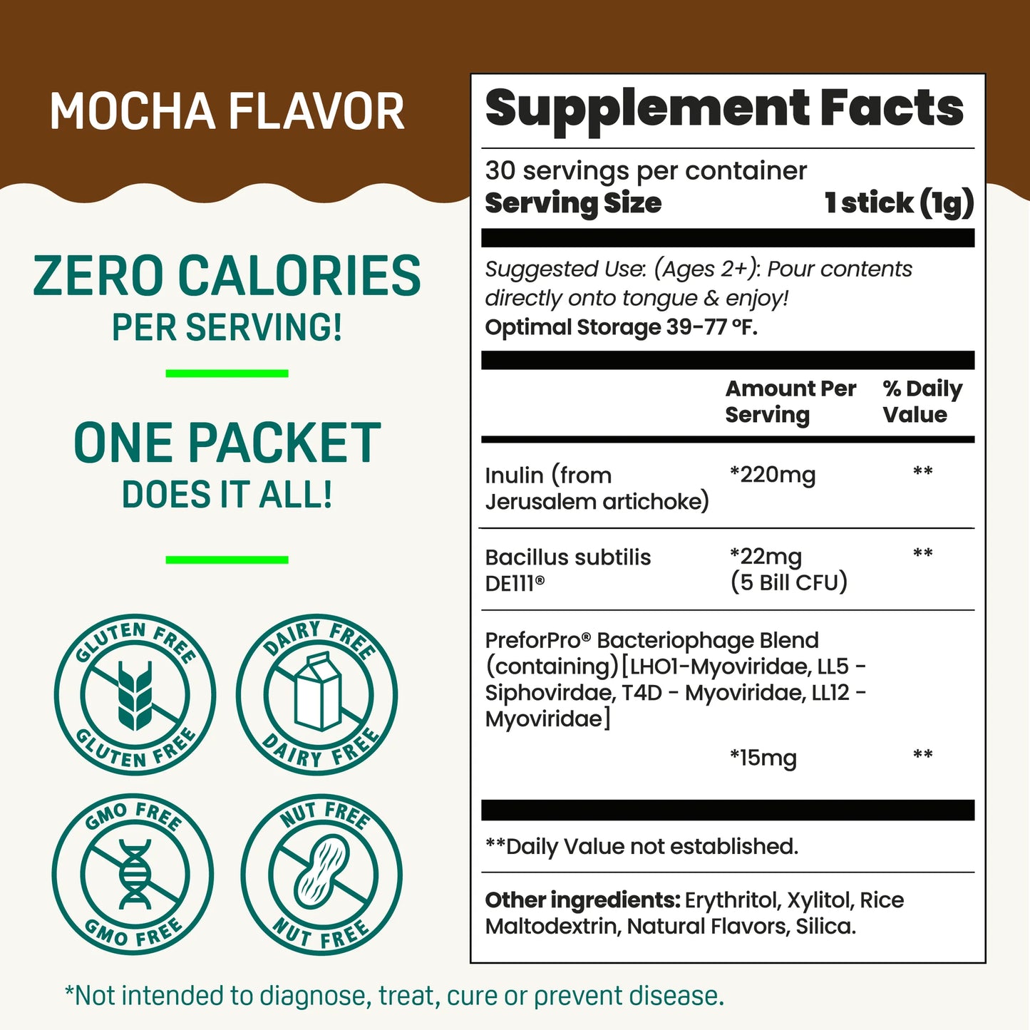 Opu Probiotics Mocha Flavor Daily Probiotic Powder, Pour-On-Tongue Stick Packs, 30 Count