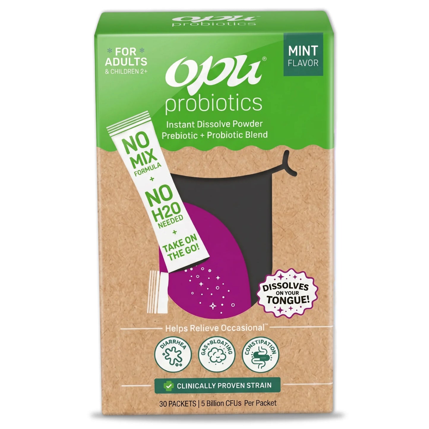 Opu Probiotics Mint Flavor Daily Probiotic Powder, Pour-On-Tongue Stick Packs, 30 Count
