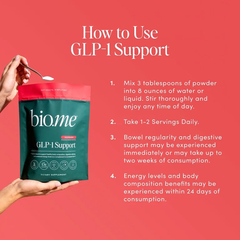 Bio.me GLP-1 Support Multi-Benefit Powder for Gut & Full Body Wellness, Raspberry – 14 Servings (13.3 oz)