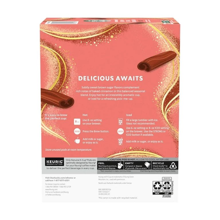 Starbucks Brown Sugar Cinnamon, Medium Roast Coffee, Keurig K-Cup Coffee Pods, 22 Count