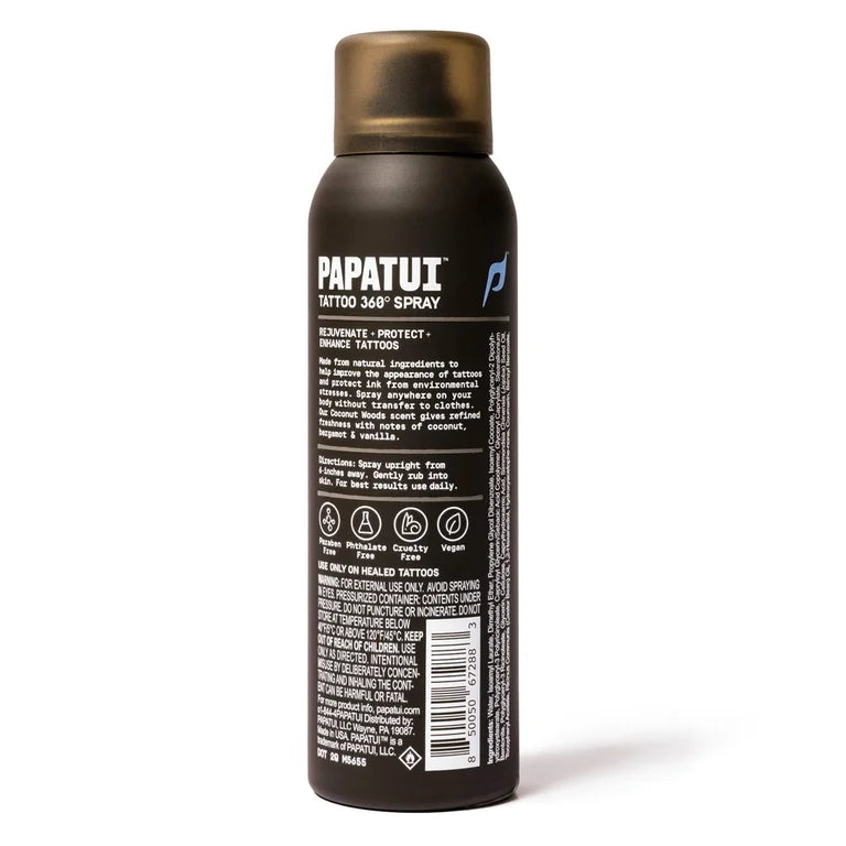 Papatui Men's Enhancing Tattoo Spray, Coconut Woods, 4 oz, 360-Degree Application