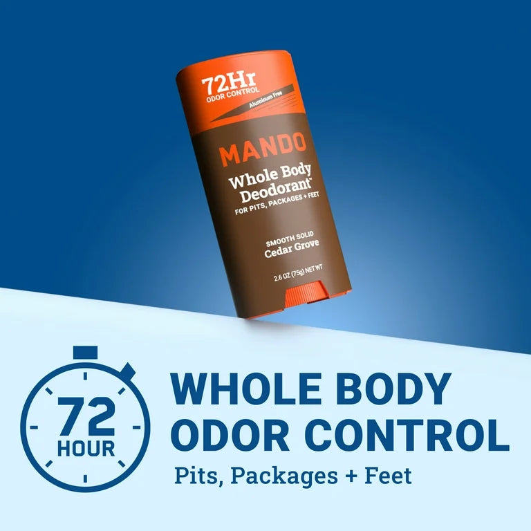 Mando Whole Body Deodorant Stick for Men, Smooth Solid, Aluminum Free, Cedar Grove Scent, 2.6 oz