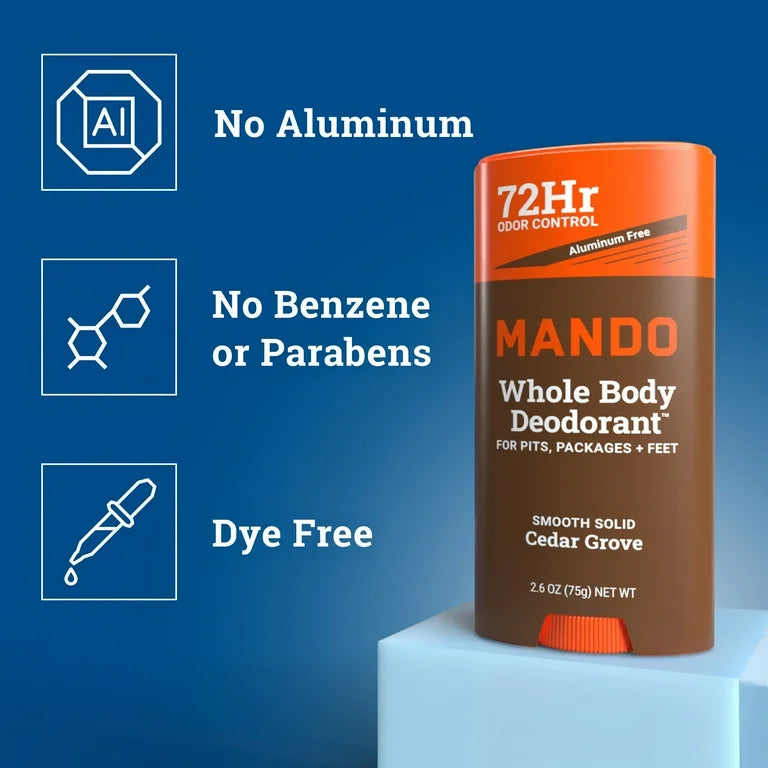 Mando Whole Body Deodorant Stick for Men, Smooth Solid, Aluminum Free, Cedar Grove Scent, 2.6 oz