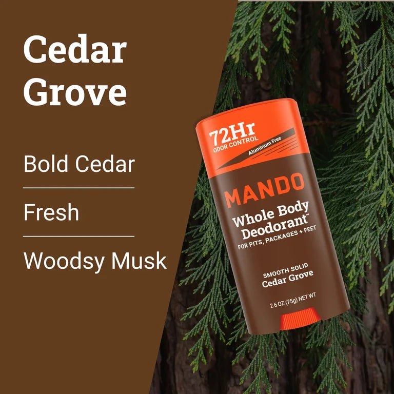 Mando Whole Body Deodorant Stick for Men, Smooth Solid, Aluminum Free, Cedar Grove Scent, 2.6 oz
