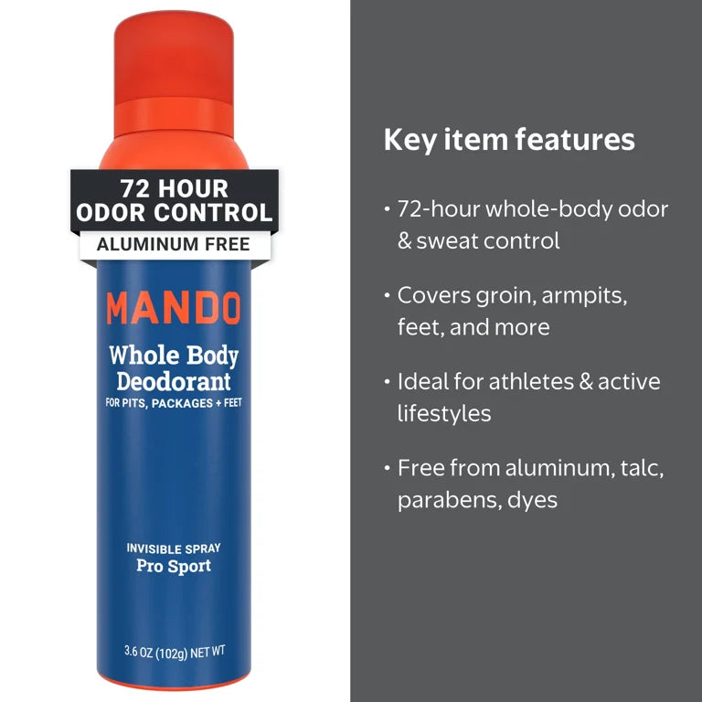 Mando Whole Body Deodorant Spray for Men, Aluminum Free, Pro Sport Scent, 3.6 oz