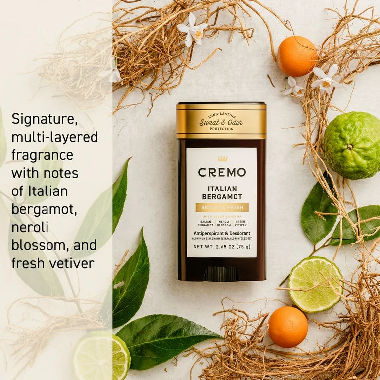 Cremo Men's Antiperspirant Deodorant Stick, Italian Bergamot Scent, 2.65 oz