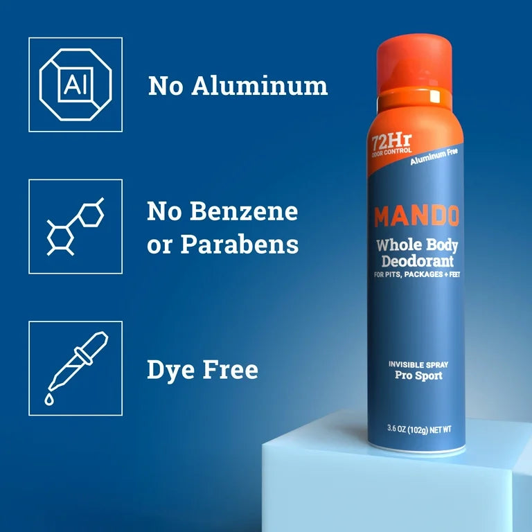 Mando Whole Body Deodorant Spray for Men, Aluminum Free, Pro Sport Scent, 3.6 oz