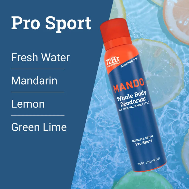 Mando Whole Body Deodorant Spray for Men, Aluminum Free, Pro Sport Scent, 3.6 oz