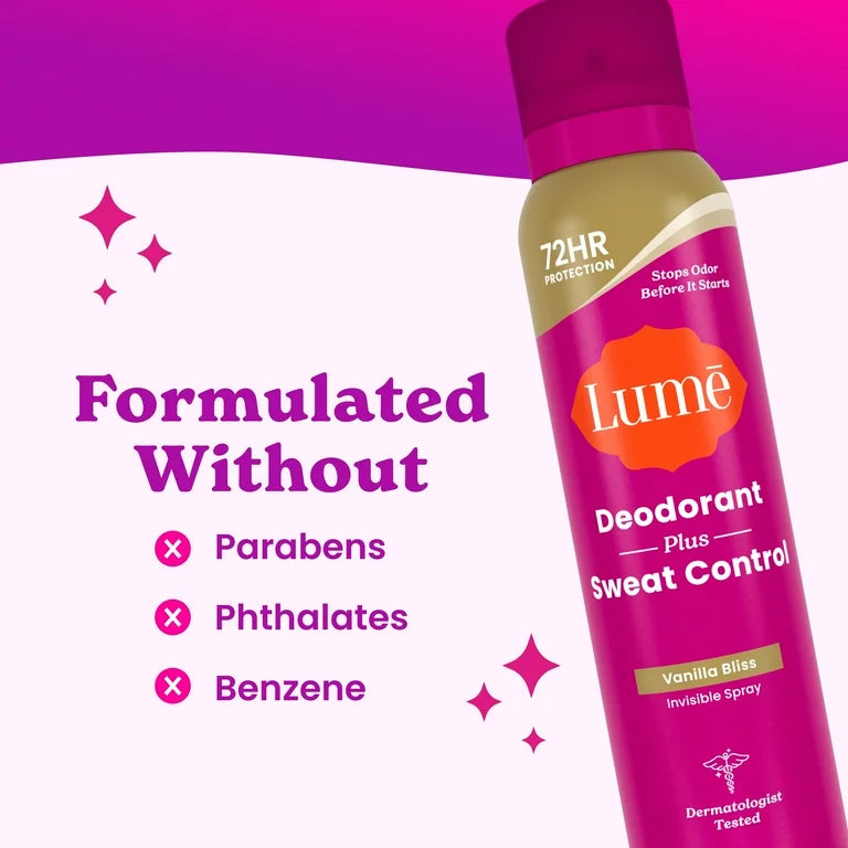 Lume Deodorant Plus Sweat Control - Invisible Spray - Clinical Strength Antiperspirant - Vanilla Bliss - 4.3oz