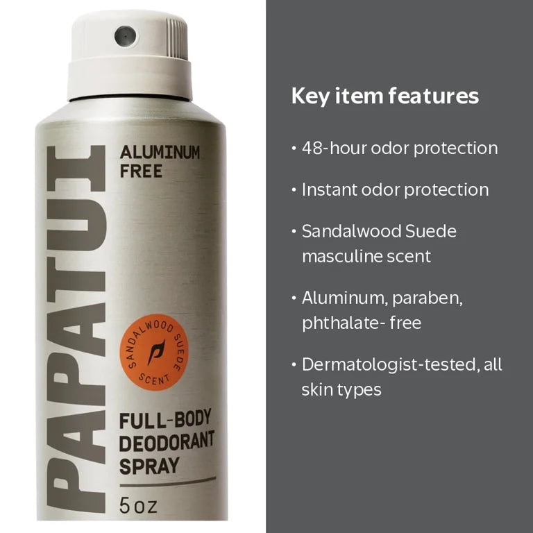 Papatui Full Body Men's Spray Deodorant, Aluminum Free, Sandalwood Suede, 5 oz
