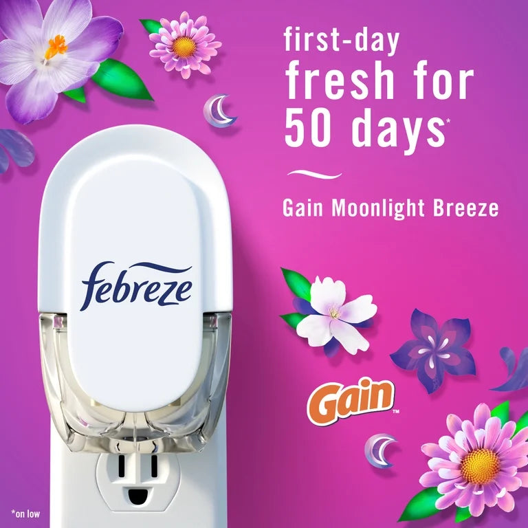 Febreze Plug In Air Freshener, Odor-Fighting Scented Oil Refill, Gain Moonlight Breeze, 3 Refills