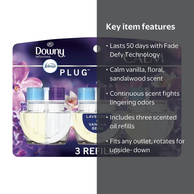 Febreze Plug In Air Freshener, Odor-Fighting Scented Oil Refill, Downy Calm, 3 Refills