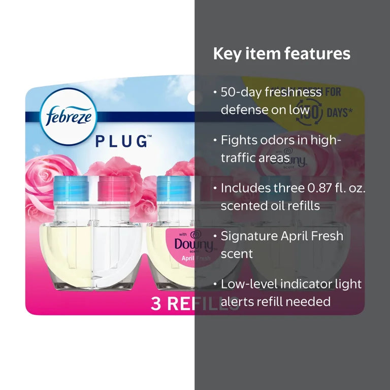 Febreze Plug in Air Freshener Scented Oil Refill, Downy April Fresh, 3 Count