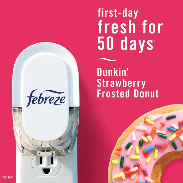 Febreze Plug In Air Freshener, Odor-Fighting Scented Oil Refill, Dunkin' Strawberry Frosted Donut Scent, 2 Refills