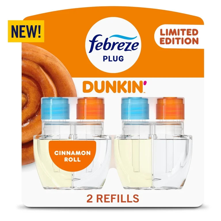 Febreze Plug In Air Freshener, Odor-Fighting Scented Oil Refill, Dunkin' Cinnamon Roll Scent, 2 Refills