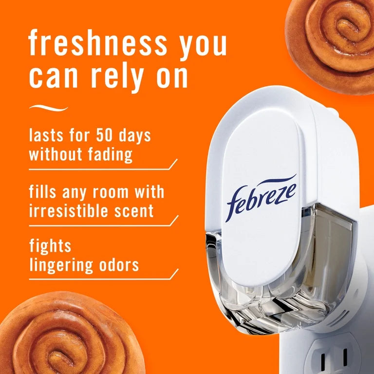 Febreze Plug In Air Freshener, Odor-Fighting Scented Oil Refill, Dunkin' Cinnamon Roll Scent, 2 Refills