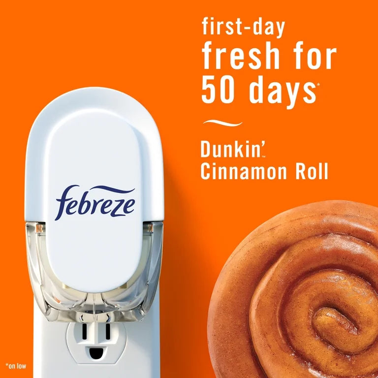 Febreze Plug In Air Freshener, Odor-Fighting Scented Oil Refill, Dunkin' Cinnamon Roll Scent, 2 Refills
