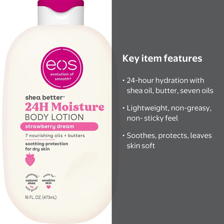 eos Shea Better Body Lotion- Strawberry Dream, 24H Moisture for Dry Skin, 16 fl oz