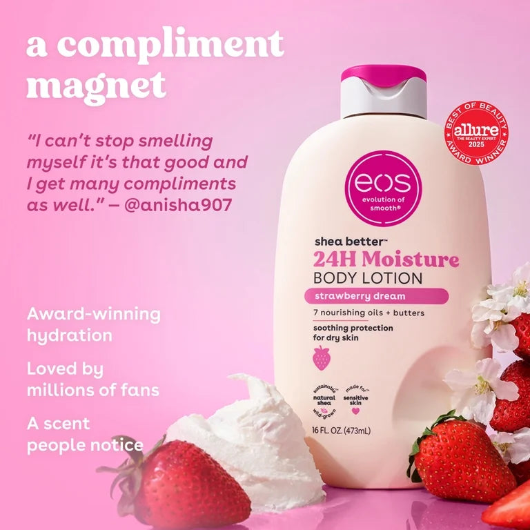 eos Shea Better Body Lotion- Strawberry Dream, 24H Moisture for Dry Skin, 16 fl oz