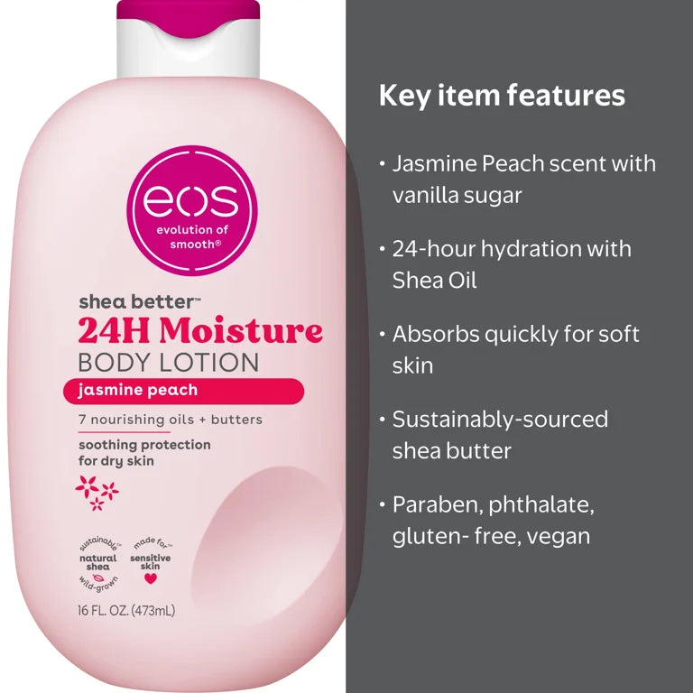 eos Shea Better Body Lotion- Jasmine Peach, 24H Moisture for Dry Skin, 16 fl oz