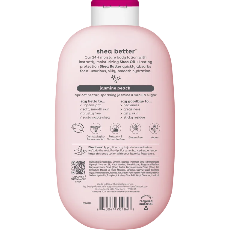 eos Shea Better Body Lotion- Jasmine Peach, 24H Moisture for Dry Skin, 16 fl oz