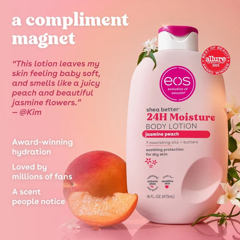 eos Shea Better Body Lotion- Jasmine Peach, 24H Moisture for Dry Skin, 16 fl oz