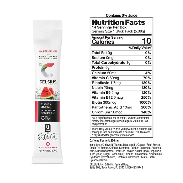CELSIUS On The Go Energy Drink Mix, Watermelon Ice (14 Stick Pack)