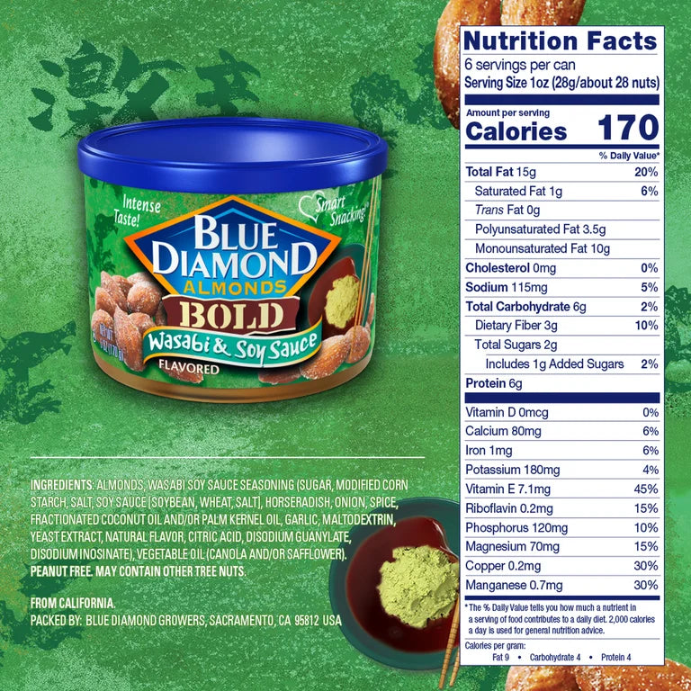 Blue Diamond Almonds, Bold Wasabi & Soy Sauce Flavored, 6 oz