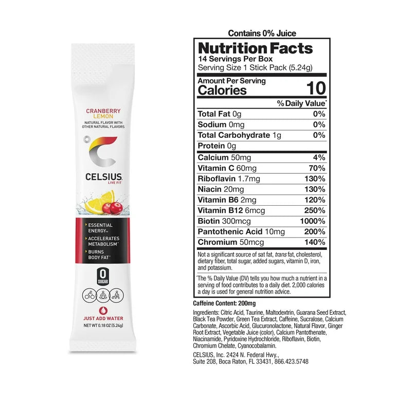 CELSIUS On The Go Energy Drink Mix, Cranberry Lemon (14 Stick Pack)