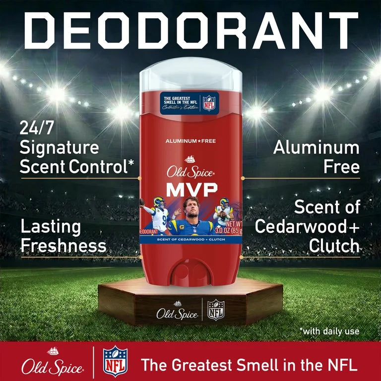 Old Spice Men's Aluminum Free Deodorant , NFL Collection, Matthew Stafford, Scent of Cedarwood + Clutch, 24/7 Signature Scent, Lasting Freshness, 3.0 oz