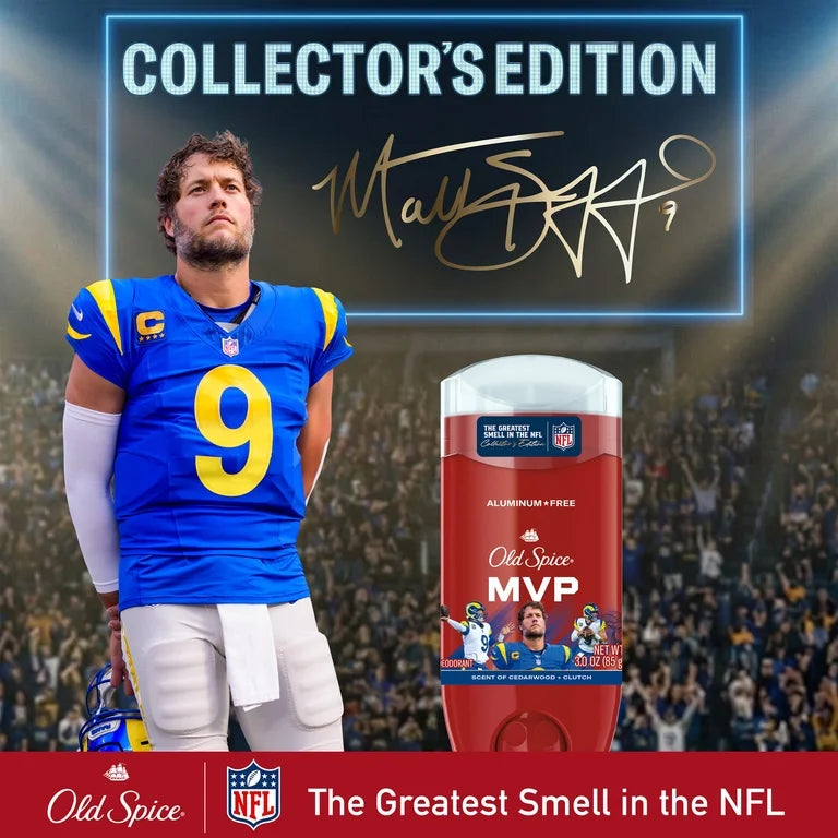 Old Spice Men's Aluminum Free Deodorant , NFL Collection, Matthew Stafford, Scent of Cedarwood + Clutch, 24/7 Signature Scent, Lasting Freshness, 3.0 oz