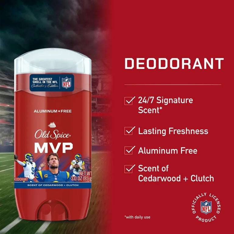 Old Spice Men's Aluminum Free Deodorant , NFL Collection, Matthew Stafford, Scent of Cedarwood + Clutch, 24/7 Signature Scent, Lasting Freshness, 3.0 oz