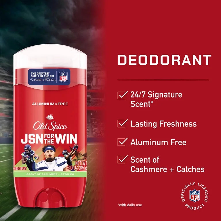 Old Spice Men's Aluminum Free Deodorant, NFL Collection, Jaxon Smith-Njigba, Scent of Cashmere + Catches, 24/7 Signature Scent, Lasting Freshness, 3.0 oz
