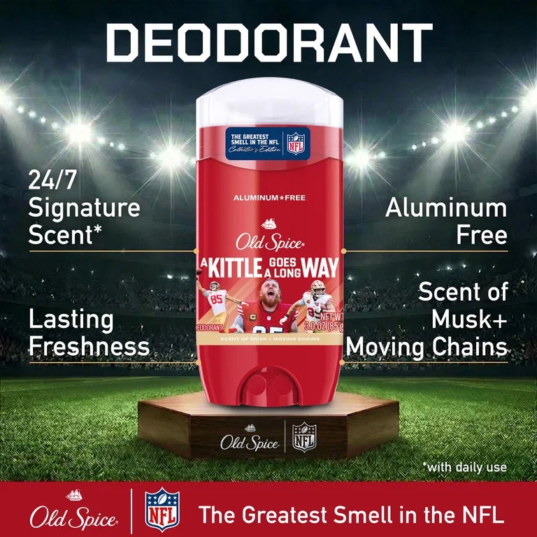 Old Spice Men's Aluminum Free Deodorant, NFL Collection, George Kittle, Scent of Musk + Moving Chains, 24/7 Sweat Protection, Signature Scent, Lasting Freshness, 3.0 oz
