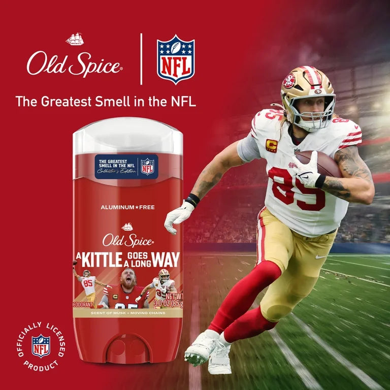 Old Spice Men's Aluminum Free Deodorant, NFL Collection, George Kittle, Scent of Musk + Moving Chains, 24/7 Sweat Protection, Signature Scent, Lasting Freshness, 3.0 oz