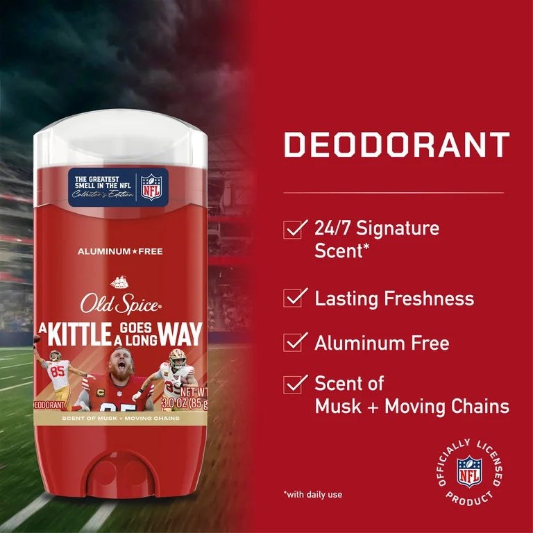 Old Spice Men's Aluminum Free Deodorant, NFL Collection, George Kittle, Scent of Musk + Moving Chains, 24/7 Sweat Protection, Signature Scent, Lasting Freshness, 3.0 oz