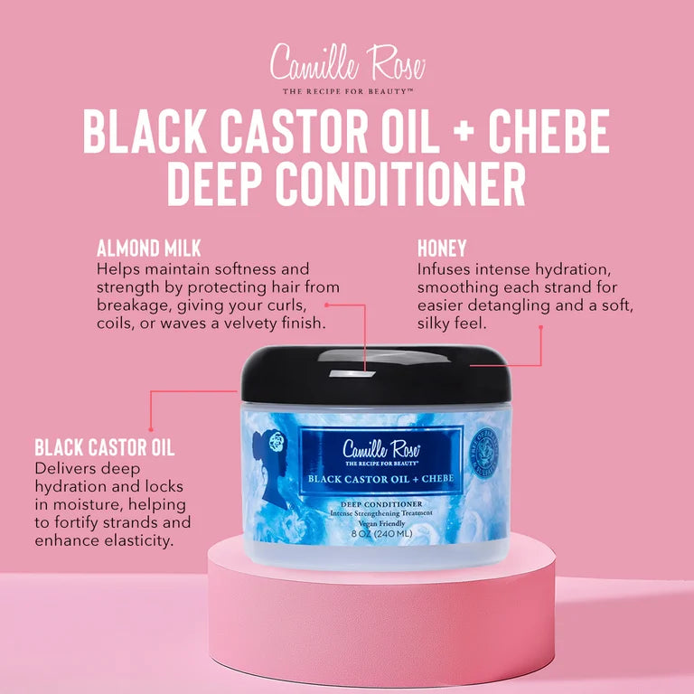 Camille Rose Black Castor Oil & Chebe Strengthen & Replenish All Ages Deep Conditioner with African Chebe & Castor Oil, 8oz