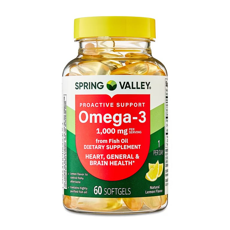 Spring Valley Proactive Support Omega-3 Fish Oil Dietary Supplement Softgels for Heart/General/Brain Health, 1000 mg, 60 Count