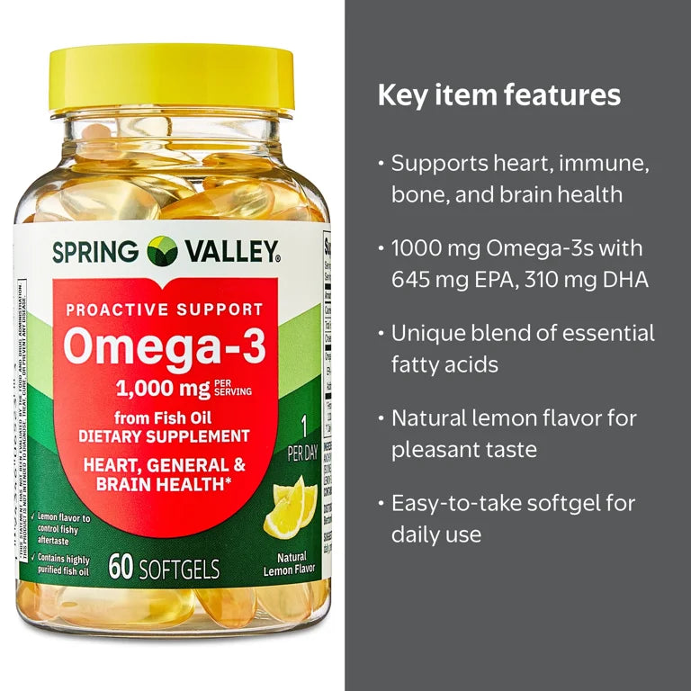 Spring Valley Proactive Support Omega-3 Fish Oil Dietary Supplement Softgels for Heart/General/Brain Health, 1000 mg, 60 Count