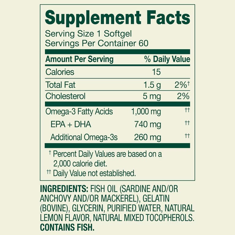 Spring Valley Proactive Support Omega-3 Fish Oil Dietary Supplement Softgels for Heart/General/Brain Health, 1000 mg, 60 Count